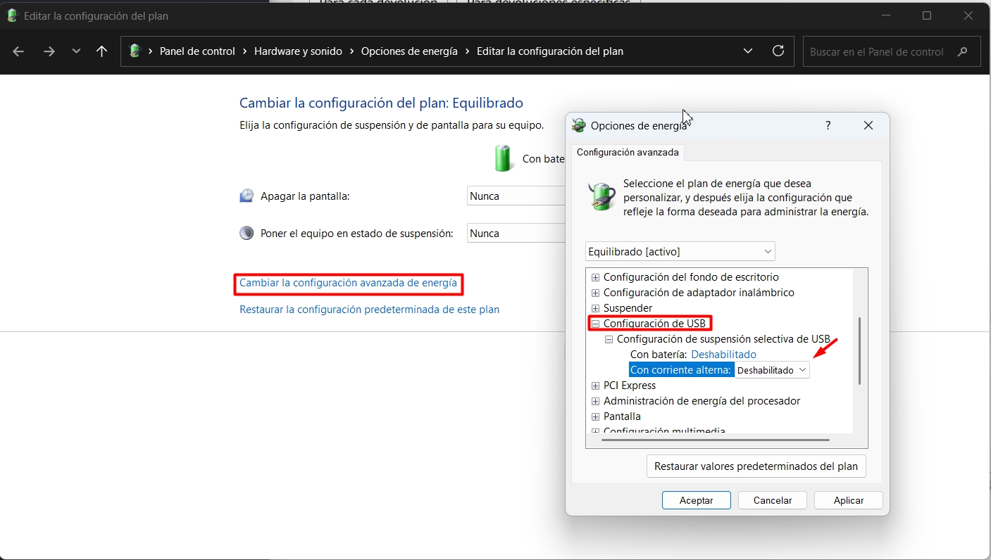 Desactivar apagado de energía en Hub USB