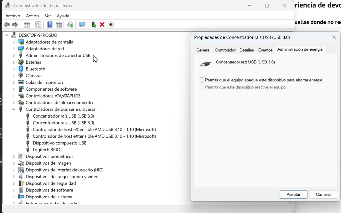 Desactivar apagado de energía en Hub USB